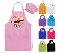 Nevaou Grembiule personalizzato per bambini e cappello da chef personalizzato grembiule per bambini nome cucina cucina pittura ragazzi ragazze regalo, Rosa, Medium / Large