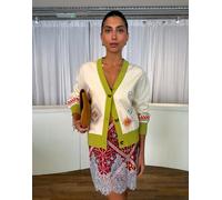 Never Fully Dressed - Cardigan in maglia color crema e verde ricamato con bottoni e scollo a V-Multi XL