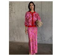 Never Fully Dressed - Dorris - Gonna lunga in raso rosa e rosso con stampa cachemire in coordinato 48