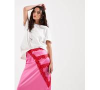 Never Fully Dressed - Gonna lunga in raso rosa e rosso con finiture in pizzo in coordinato 46