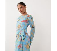 Never Fully Dressed Petite - Palma - Vestito corto a maniche lunghe avvolgente in rete blu con stampa 46