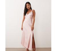 Never Fully Dressed Petite - Sofia - Vestito lungo in raso rosa con spalline annodate e taglio sbieco 46