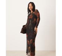 Never Fully Dressed Petite - Vestito a maniche lunghe in rete nero con stampa di frutta e gonna al polpaccio 36