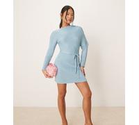 Never Fully Dressed Petite - Vestito corto in maglia blu polvere con spalle scoperte M