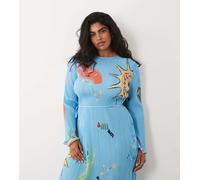 Never Fully Dressed Plus - Gaia - Vestito midi plissé a maniche lunghe con stampa blu celestiale XL
