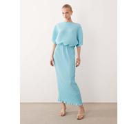 Never Fully Dressed - Tilly - Vestito plissé lungo turchese a pois metallizzati con spalle scoperte-Blu XS