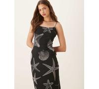 Never Fully Dressed - Vestito con spalline sottili nero in rete con stampa di conchiglie 46