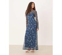 Never Fully Dressed - Vestito lungo a maniche lunghe in rete con stampa effetto denim-Blu 44