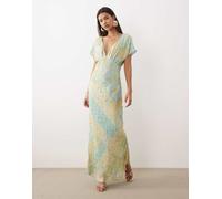 Never Fully Dressed - Vestito lungo con scollo a V in sbieco blu e oro con stampa 48