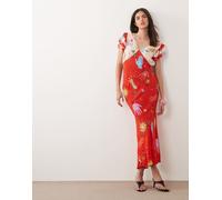 Never Fully Dressed - Vestito midi in raso con scollo a V e maniche con volant con stampa celestiale-Rosso 46