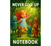 Never Give Up Notebook: Cute Girl with Robots in a Magical Forest Scene on Cover: Perfect Inspirational 6x9 Lined Notebook for Girls, Students, Sci-fi Lovers, Robots Fans !