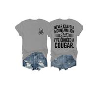Never Killed A Mountain Lion But I've Choked A Cougar Shirt Scollo a V Divertente Maglietta con grafica su due lati, Grigio, L