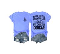 Never Killed A Mountain Lion But I've Choked A Cougar Shirt Scollo a V Divertente Maglietta con grafica su due lati, Blu Carolina, L