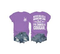 Never Killed A Mountain Lion But I've Choked A Cougar Shirt Scollo a V Divertente Maglietta con grafica su due lati, Viola chiaro, XS