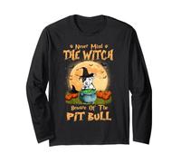 Never Mind The Witch Beware of Pit Bull Dog Halloween Maglia a Manica