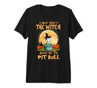 Never Mind The Witch Beware of Pit Bull Dog Halloween Maglietta Premium