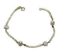 Never Say Never Bracciale in oro giallo 18k con 2 fiori con 22 zirconi e 2 perle coltivate da 5 mm. Speciale comunione., Oro 18 carati, Zirconia cubica