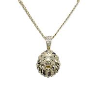 Never Say Never Ciondolo Leone di dimensioni discrete, oro giallo 18 carati, con zirconi e catena barbada 60 cm, alta gioielleria maschile.