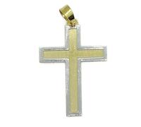 Never Say Never Croce bicolore in oro giallo e oro bianco 18k per uomo o donna opaca e lucida 1,05 g di oro massiccio 18k. Bordi dritti. Piatta. Ideale per la comunione.