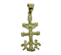 Never Say Never Croce di Caravaca Ciondolo in oro giallo 18 K Unisex | Crocifisso e angelo custode | 1,65 grammi Oro 1 ° Legge Gioielli sottili | Regalo religioso Lui e Lei, Oro giallo