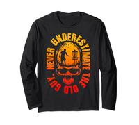 Never Underestimate The Old Guy Funny Disc Golf Tramonto Skull Maglia a Manica