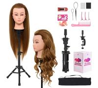 Neverland 71 cm testa per parrucchieri con Supporto, 60% Capelli Veri Testa di Allenamento per Parrucchieri, Testina Parrucchiere con Morsetto da Tavolo e Accessori per Capelli (Oro)