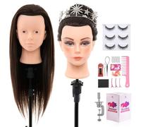 Neverland 71cm Testa Bambola da Truccare e Pettinare con 60% Capelli Veri, Testa per Parrucchieri, Testa di Allenamento per Parrucchieri + Accessori per Capelli, Ciglia e Supporto da Tavolo (Marrone)