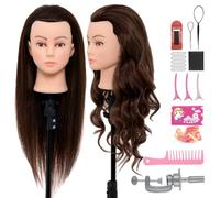 Neverland Beauty Testa per Parrucchieri 60% Capelli Umani, 71 cm Testa di Allenamento per Parrucchieri, Testa di Acconciatura con Accessori per Capelli e Supporto da Tavolo (Marrone scuro)