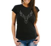 Neverless Maglietta da donna con cervo poligono, forma geometrica, slim fit, Nero , L