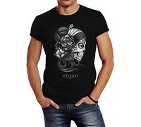 Neverless® - Maglietta da uomo Santa Muerte La Catrina Mexican Skull Dia de los Muertos Tattoo Design Slim Fitt La Catrina Skull Nero XXL