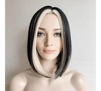 nevermindyrhead Parrucca corta a caschetto dritta da donna, colore nero biondo chiaro, con riga laterale a strati, salata e pepe, per Halloween, uso quotidiano, cosplay