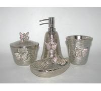 NEW-4 PC Set Foderato Nickel-Silver + Farfalla Design Sapone Dispenser + Jar +