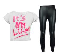 New Bambine " IT'S My Life " Top Corto & Nero Bagnato Look Set Leggings 7-13