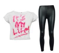 New Bambine " IT'S My Life " Top Corto & Nero Bagnato Look Set Leggings 7-13