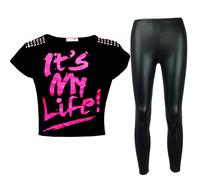 New Bambine " IT'S My Life " Top Corto & Nero Bagnato Look Set Leggings 7-13