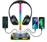 New bee Supporto Cuffie e caricabatterie wireless,RGB Universale Gioco d'azzardo Charge Gaming con Caricabatterie 1*USB 2*Tipo C e Trasferimento Dati (Nero)