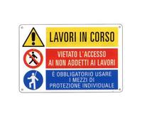 NEW CARTELLO SEGNALETICO - MULTISIMBOLO Lavori in corso con divieto e obbligo - Adesivo Extra Resistente, Pannello in Forex, Pannello In Alluminio (PANNELLO IN ALLUMINIO 20X31 CM)