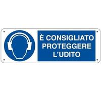 NEW CARTELLO SEGNALETICO UNI - E' Consigliato Proteggere l'Udito - Adesivo Extra Resistente, Pannello in Forex, Pannello In Alluminio (ADESIVO 30X12 cm)