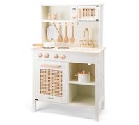 New Classic Toys - Cucina giocattolo in legno bianco con dettagli in rattan e rubinetto dorato - Accessori inclusi - Altezza piano 55 cm - Gioco di ruolo - Cucinetta elegante - Da 3 anni