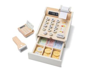 New Classic Toys- Eitech GmbH 10651 Registratore di Cassa con Soldi, Scanner e Carte bancarie, Accessori per Carica, in Legno, Colore Set-Bianco