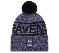 New Era Cappello da uomo viola Baltimore Ravens 2025 Sideline Cold Weather Cuffed Knit Hat con Pom