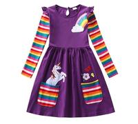 New front Abiti Bambine e Ragazze Vestito Bambina Manica Lunga Vestito Casual Bambine e Ragazze Unicorno Estate Autunno Primavera Scuola Materna Tutti i Giorni Vacanze Compleanno 2-3Anni Viola Scuro
