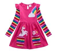 New front Abiti Bambine e Ragazze Vestito Bambina Manica Lunga Vestito Casual Bambine e Ragazze Unicorno Estate Autunno Primavera Scuola Materna Tutti i Giorni Vacanze Compleanno 7-8Anni Rosa Scuro