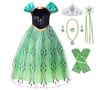 New front Bambina Vestito Principessa Elsa Abito Ragazza Congelato Travestimento Bacchetta Magica Corona Collane Costumi Compleanno Natale Carnevale Regali Partito Mascherata,Verde,110