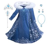 New front Carnevale Elsa Vestito Set, Costume Blu Vestito Abito da Principessa per la Festa Invernale, Bambina Costume con Colletto Cosplay Abiti Gonna Corona Bacchetta Magica Orecchino,Blu,110