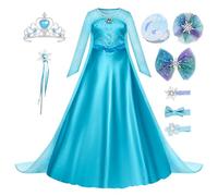 New front Costume da principessa Elsa per bambine,Set da Principessa Elsa Corona Bacchetta Guanti Treccia,vestito da principessa,regina delle nevi Frozen-Costume da bambina,Blu,110