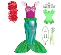 New front Costume da Sirenetta Ragazza Principessa Principessa Ariel con Parrucca 6 Accessori Costume Principessa per Festa di Compleanno Cosplay Natale Carnevale Halloween Dress Up,Verde,100