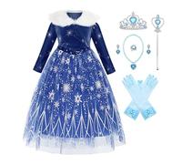 New front ELSA Frozenn Costume Vestito Principessa Bambina Abito Ragazza Velluto Fiocco di Neve Regina Corona Bacchetta Magica Inverno Compleanno Cosplay Halloween Natale Carnevale Blu2 110