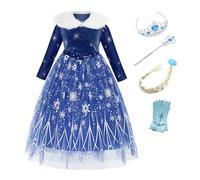 New front ELSA Frozenn Costume Vestito Principessa Bambina Abito Ragazza Velluto Fiocco di Neve Regina Corona Bacchetta Magica Inverno Compleanno Cosplay Halloween Natale Carnevale Blu 100