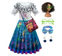 New front Vestito Bambina Cosplay della Principessa Mirabel Encanto Mirabel Costume Borsa Parrucche Occhiali da Vista Cerchietti per Capelli Orecchini Feste a Tema Halloween Carneval Natale Blu 100